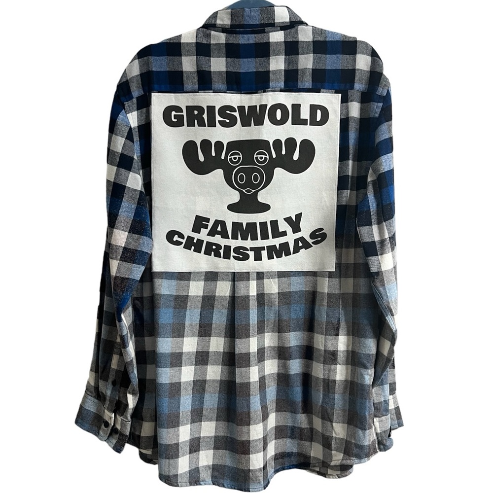 Griswold Family Christmas Moose Glass Upcycled Graphic Flannel